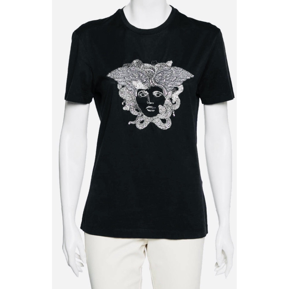 VERSACE Medusa Embroidered Silver T-Shirt Black Cotton Made in Italy Sz XL